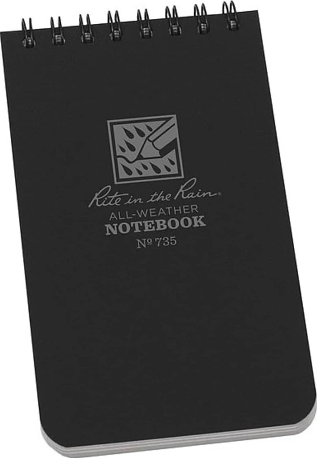 Black weatherproof spiral notebook with top coil binding, front cover logo