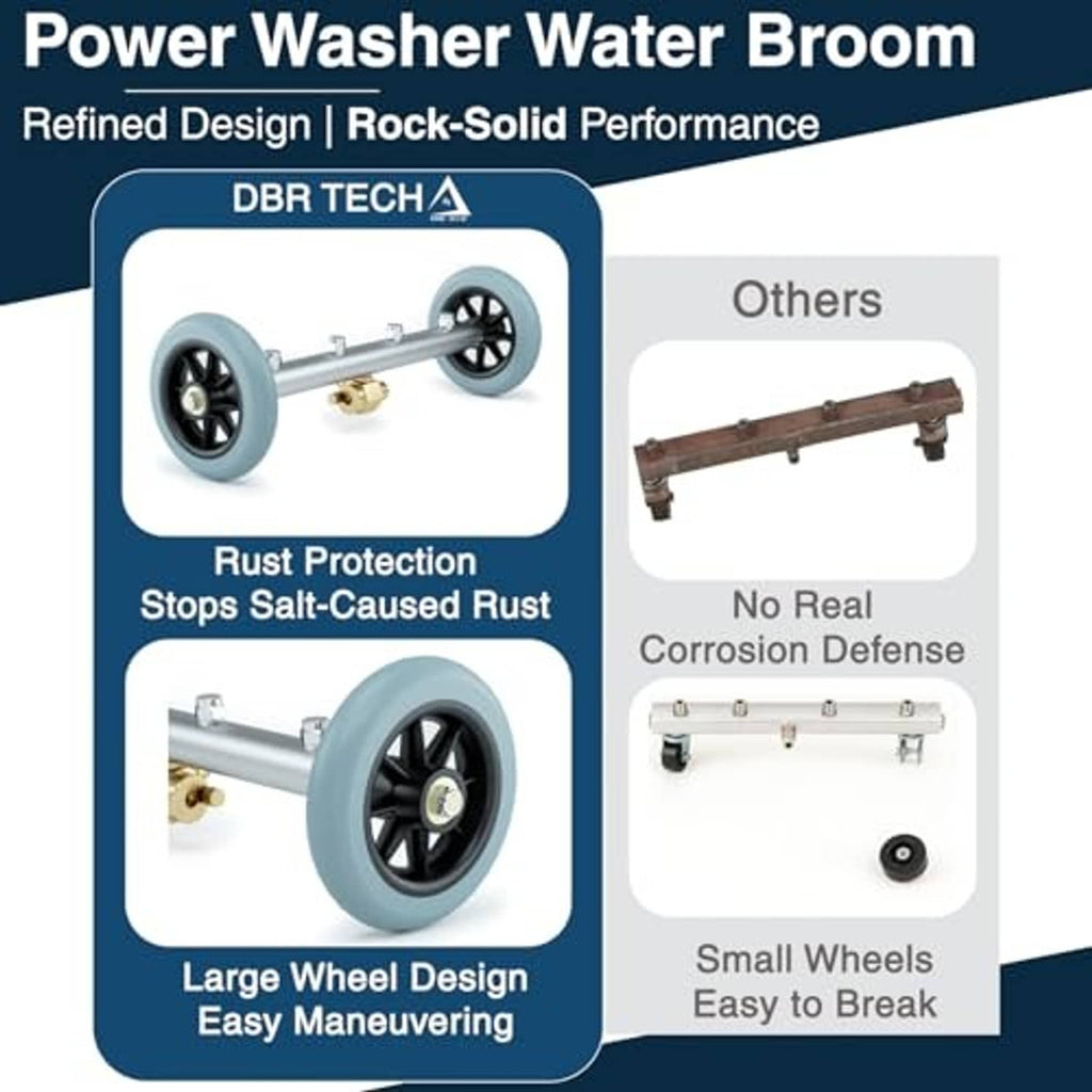 Water broom pressure washer attachment with blue wheels, stainless wand, and brass fittings