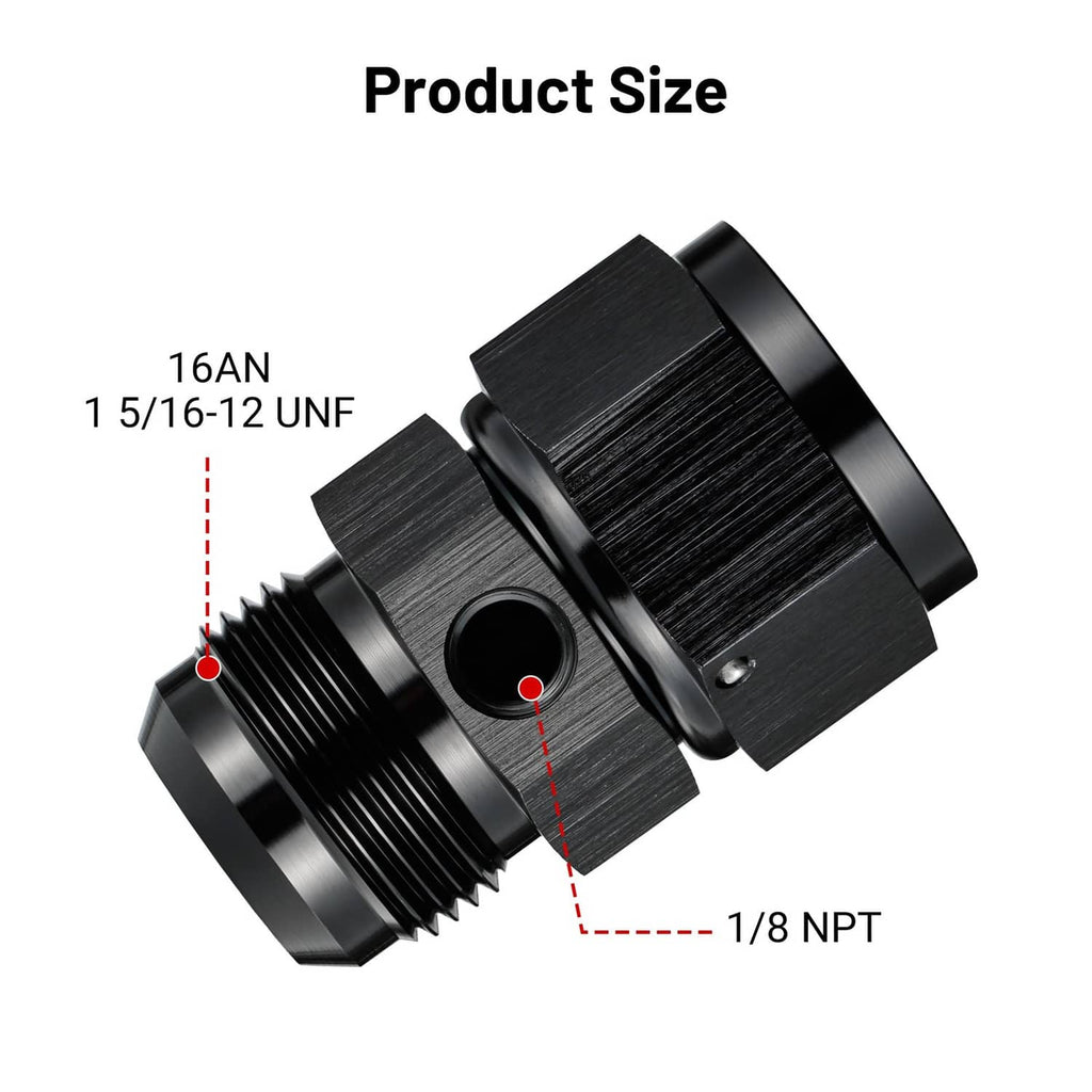 Black AN16 male-to-female connector showing 1/8 NPT port and threading
