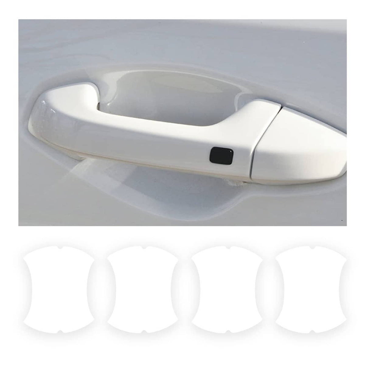 Transparent car door handle protector for white handle, small black square detail