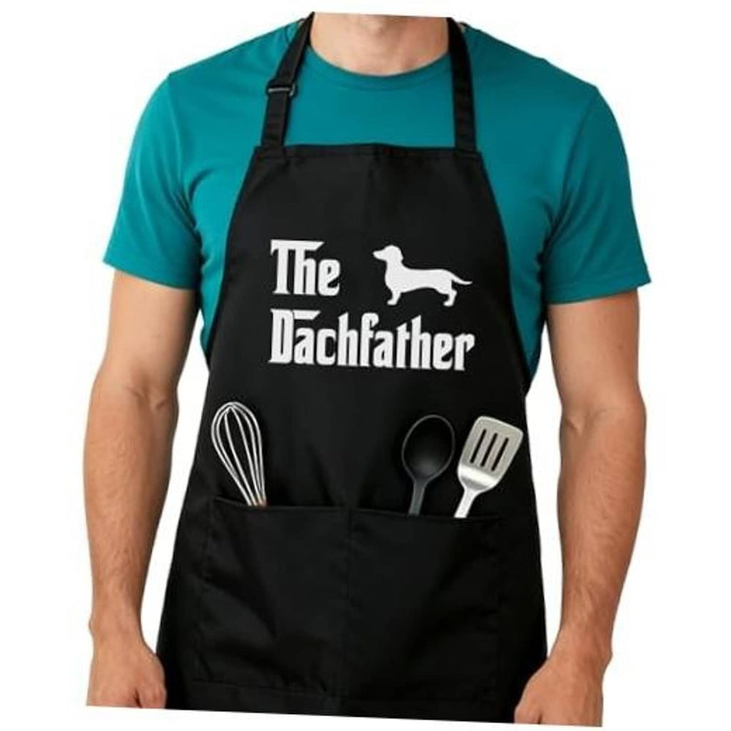 Black adjustable kitchen apron with Dachfather dog graphic and front pocket.