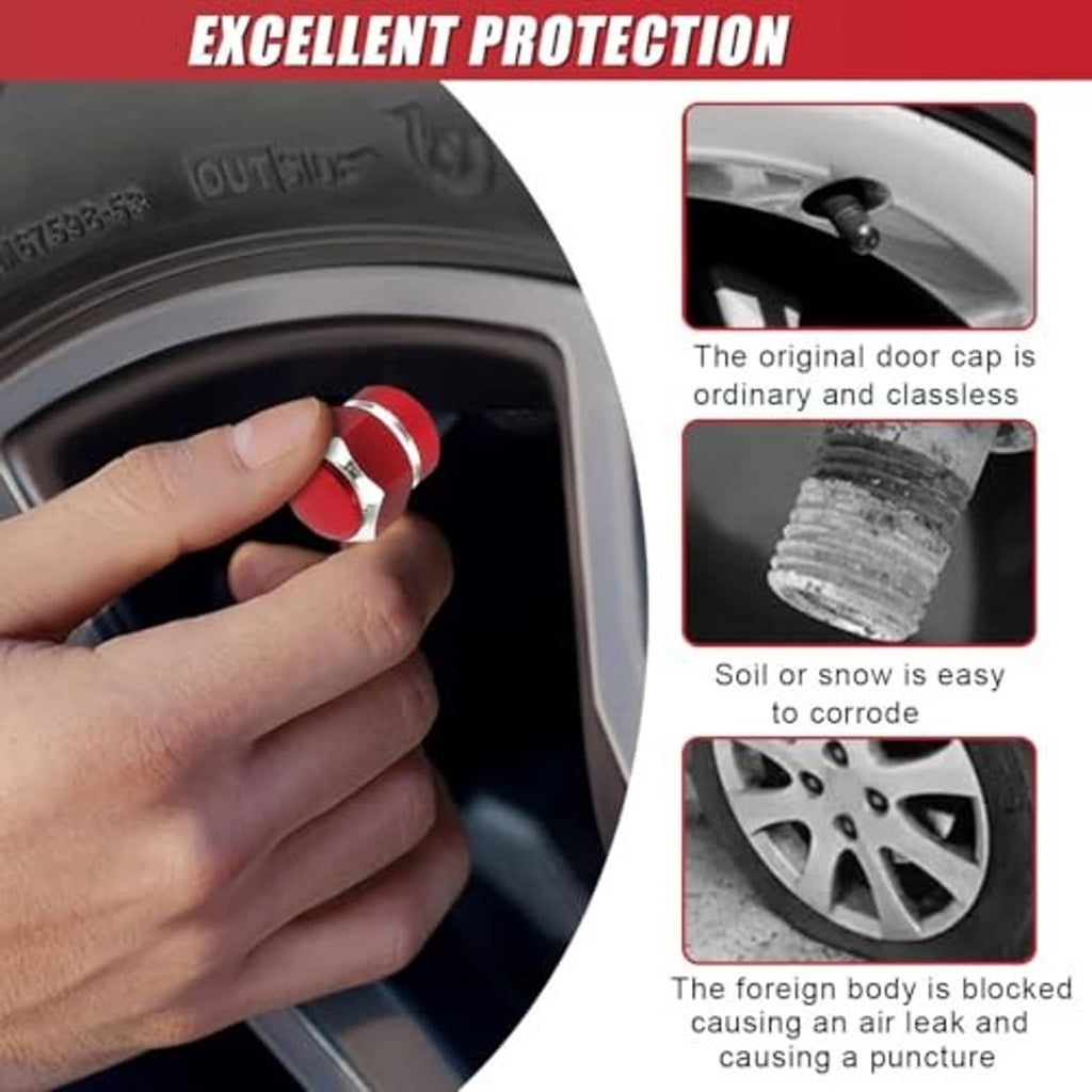Hand installing a red car tire valve stem cap with chrome hex collar on wheel.