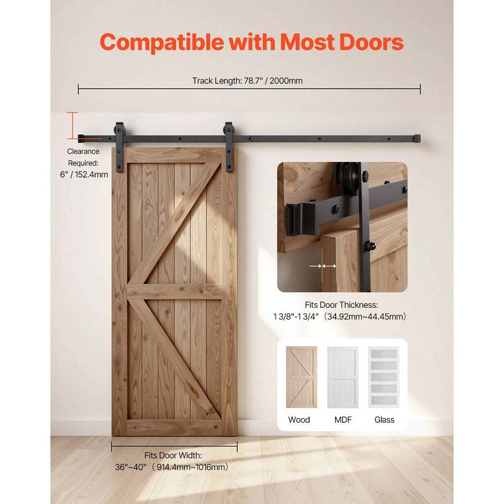 Black barn door track kit with side mounting hardware and roller hangers