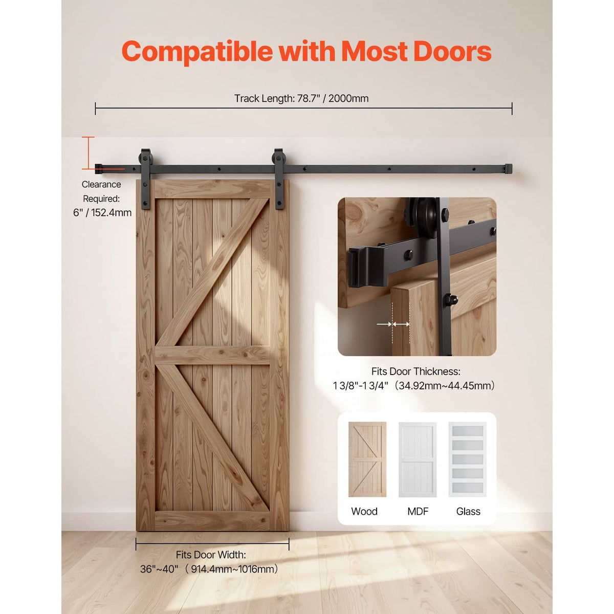 Black barn door track kit with side mounting hardware and roller hangers