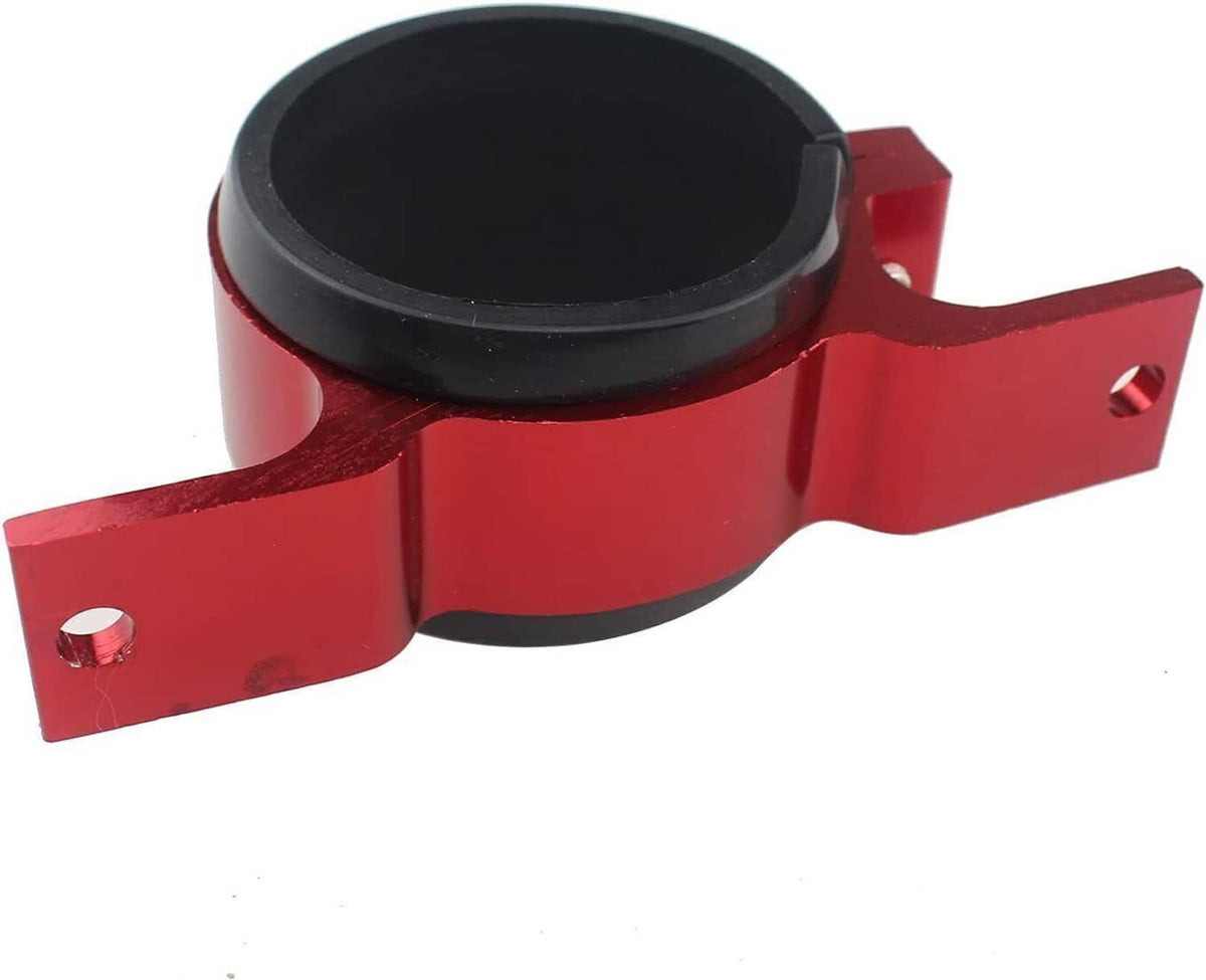 Red mounting bracket with black rubber grommet ring for inline fuel filter installation