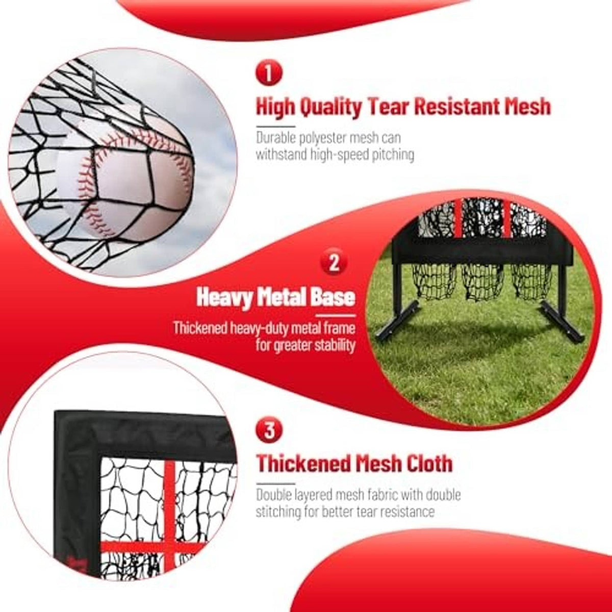 Tear-resistant mesh pitching net target with red strike-zone grid and metal base