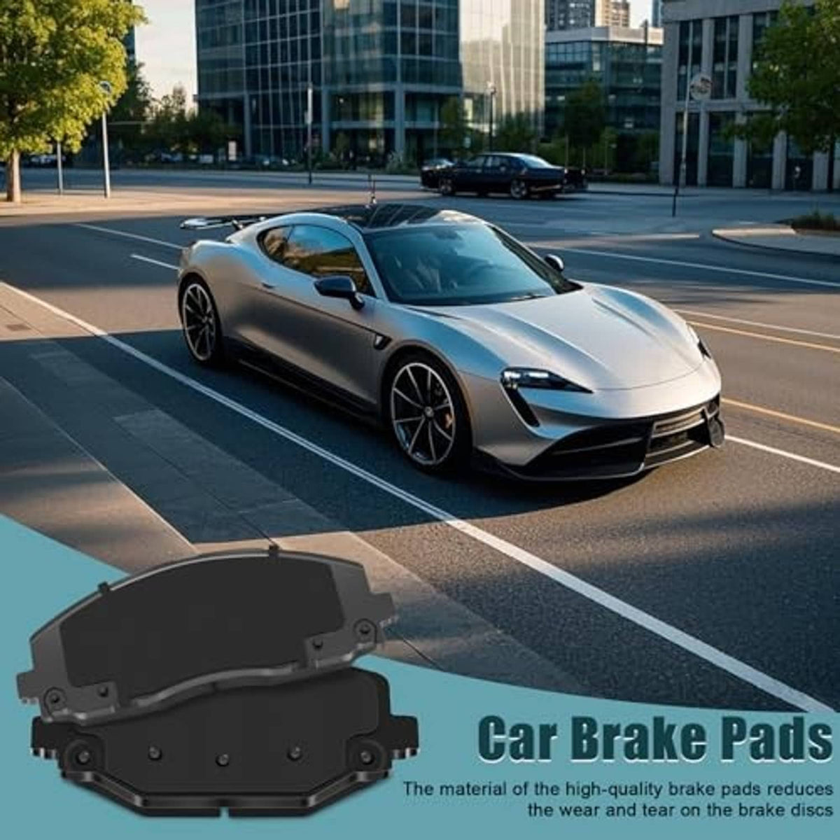 Ceramic front and rear brake pads set with gray ceramic friction and dark metal backing
