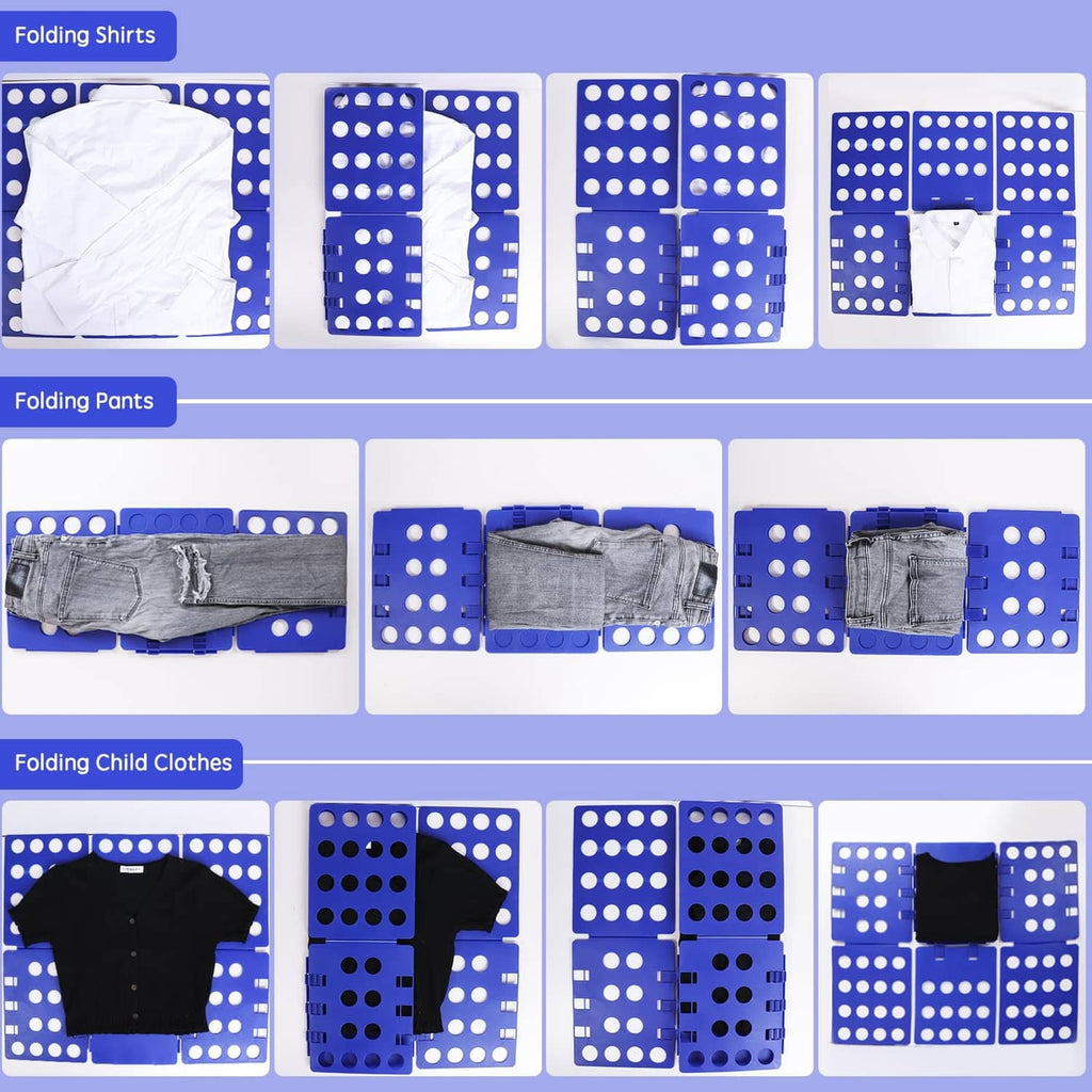 Blue folding board showing folded shirts, pants, and child clothes in panel grids