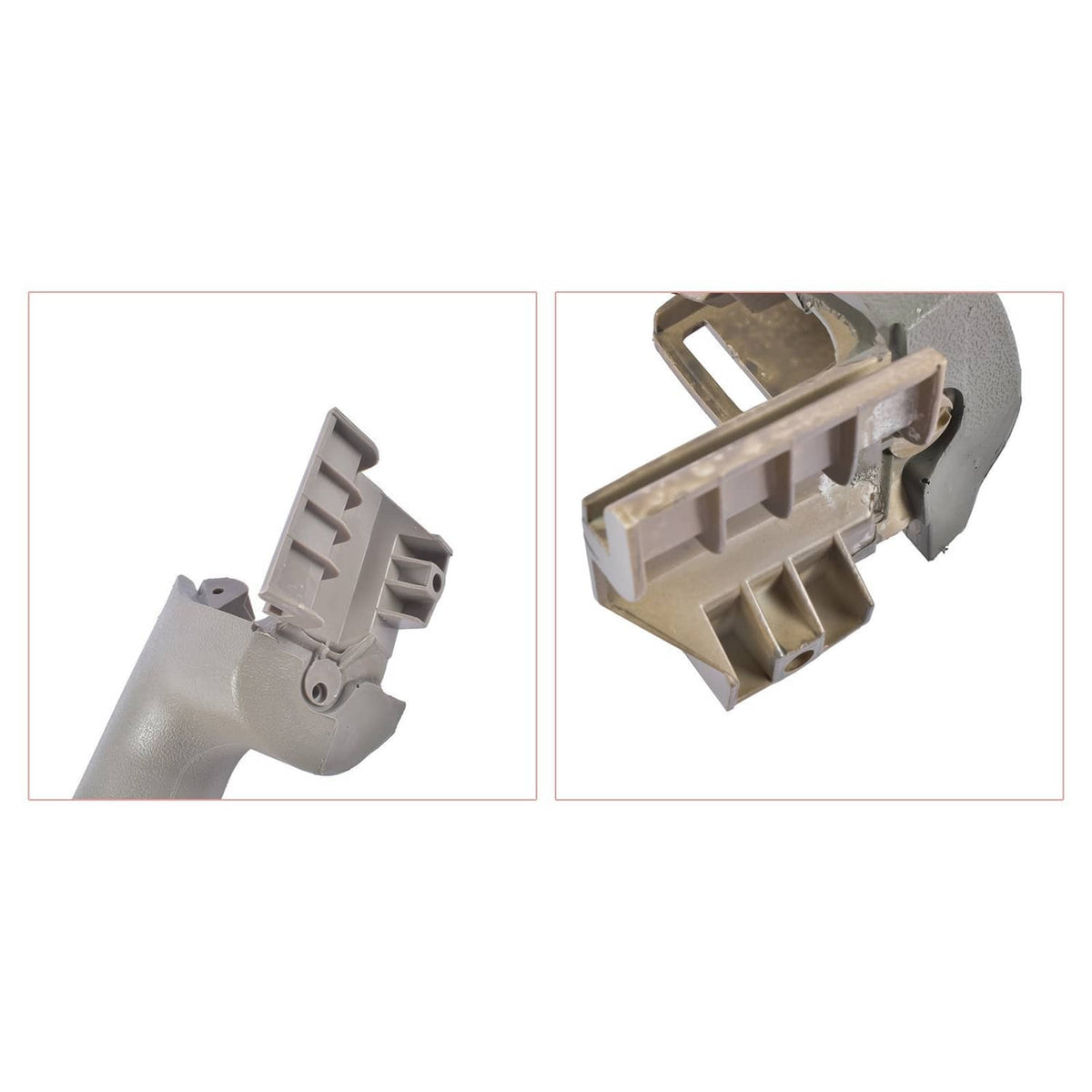 Door armrest handle mounting bracket, light gray plastic, clip and attachment area