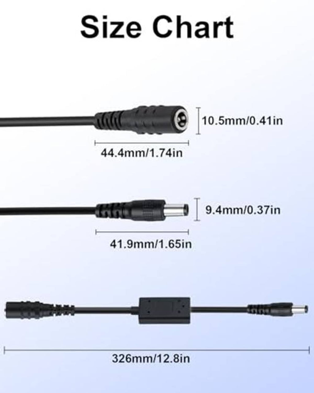 DC buck converter cable lengths shown, 5.5mm x 2.1mm plug and DC jack