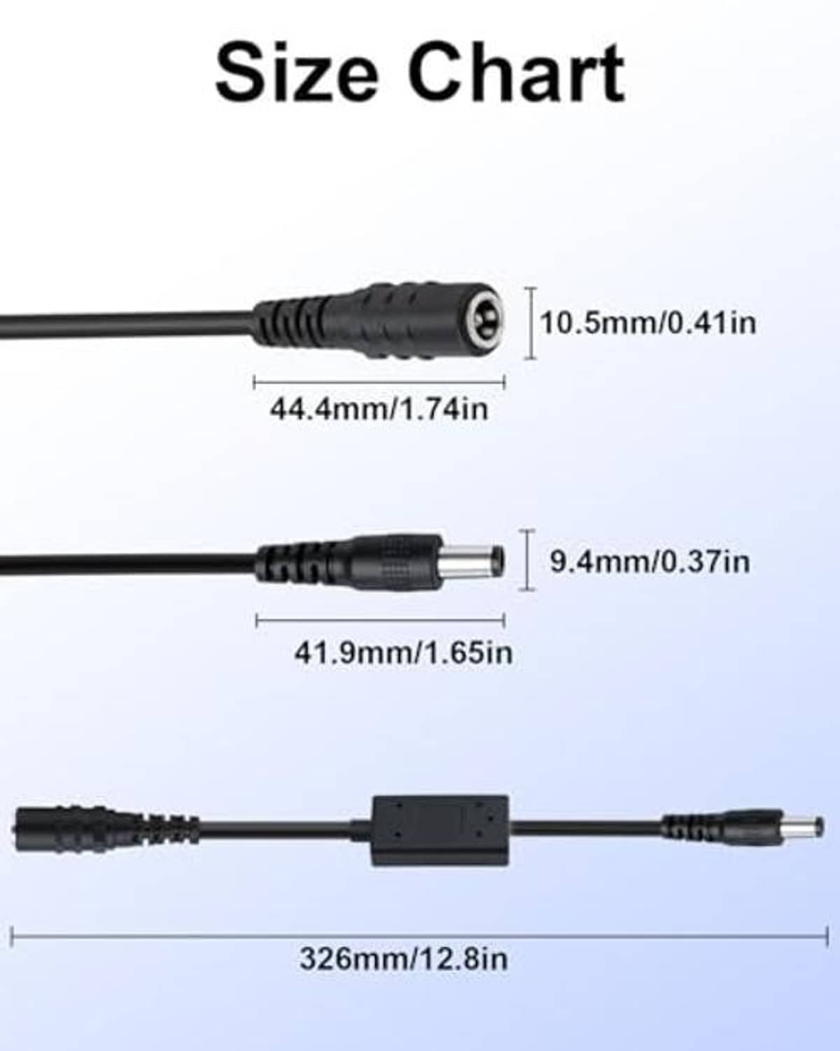 DC buck converter cable lengths shown, 5.5mm x 2.1mm plug and DC jack