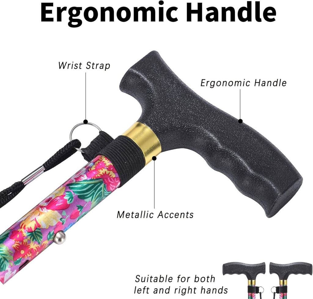 Ergonomic black handle walking cane with wrist strap and metallic accents on pink floral shaft