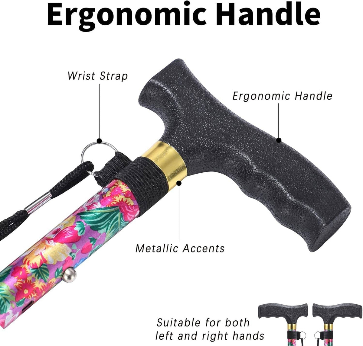 Ergonomic black handle walking cane with wrist strap and metallic accents on pink floral shaft