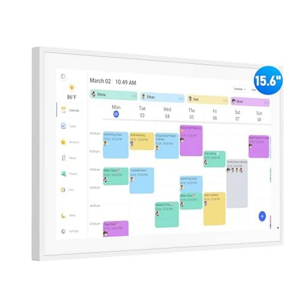 15.6-inch white electronic wall calendar with touchscreen showing a weekly layout