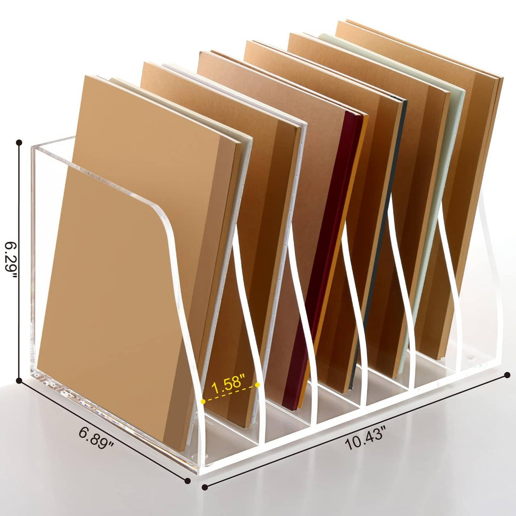 Clear acrylic 6-slot file organizer with vertical slots and assorted pastel cover folders