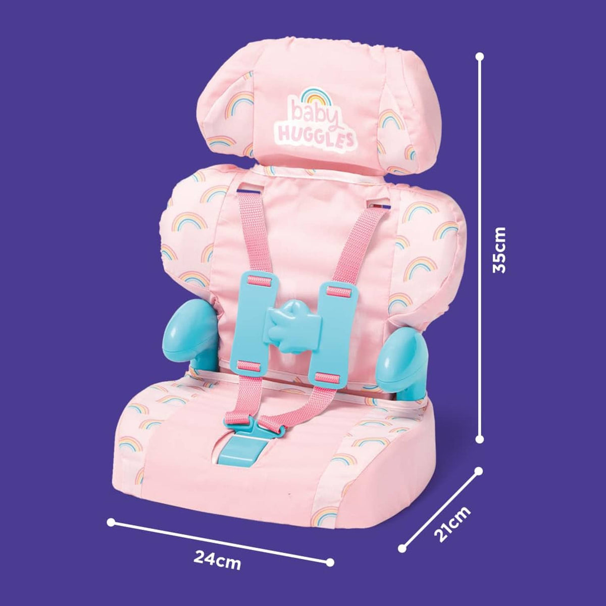 Pink doll booster seat with adjustable headrest, blue side supports, rainbow pattern