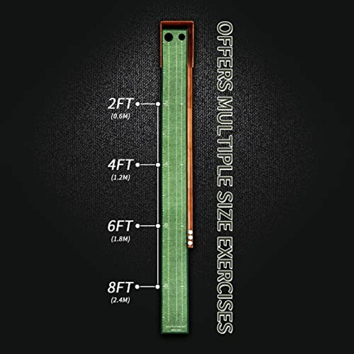 Indoor putting practice mat layout with two black hole openings and distance markers