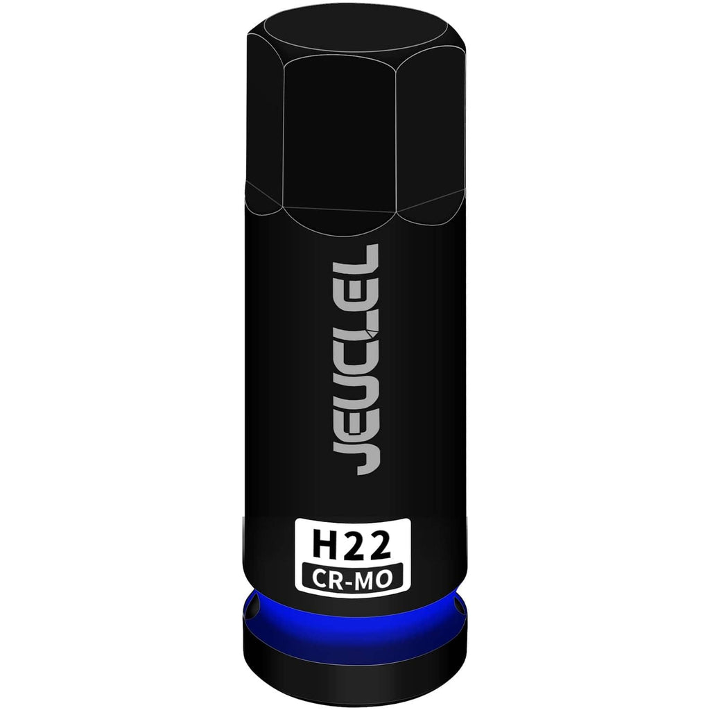 Black 1/2-inch drive 22mm hex impact socket, H22 CR-MO marking and blue ring