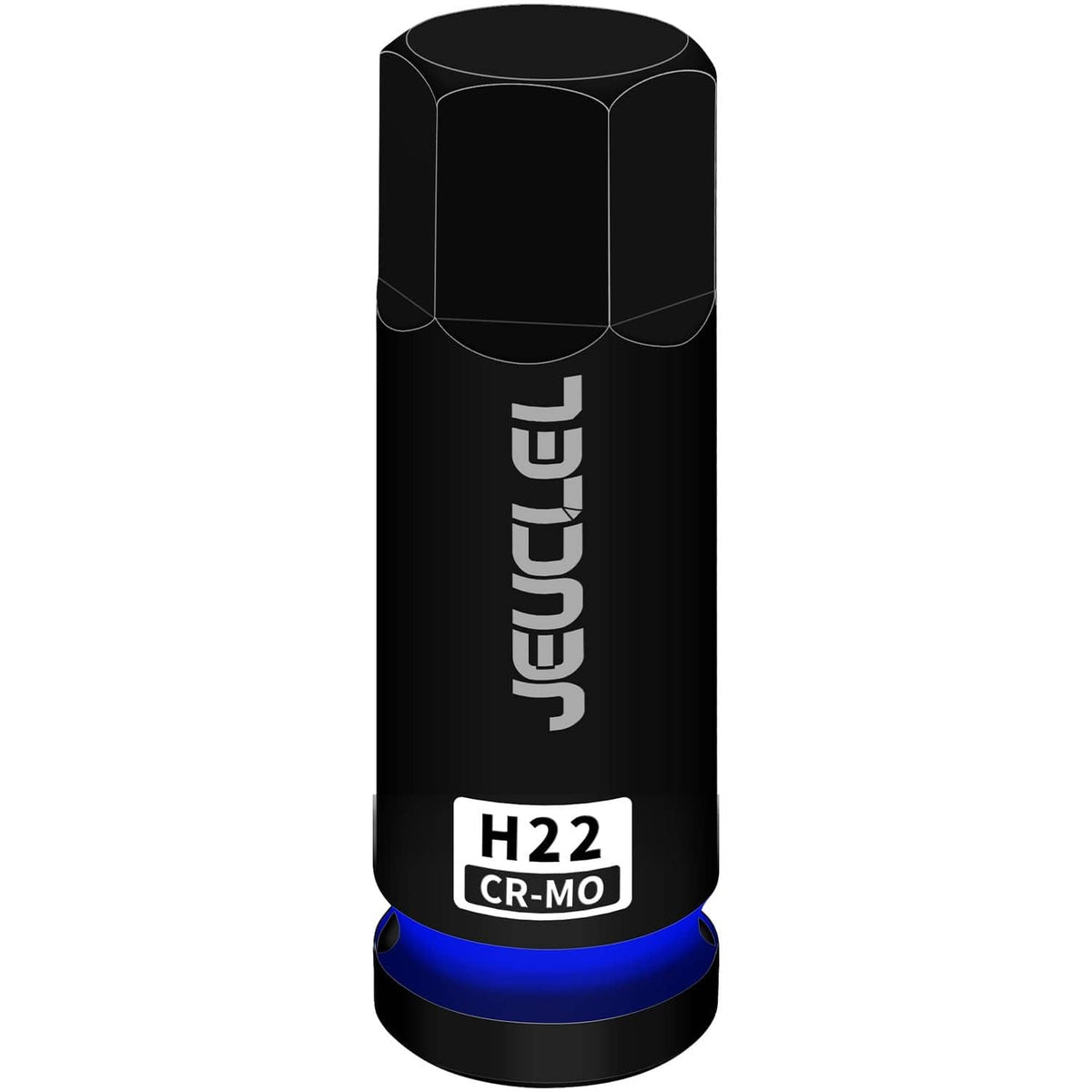 Black 1/2-inch drive 22mm hex impact socket, H22 CR-MO marking and blue ring