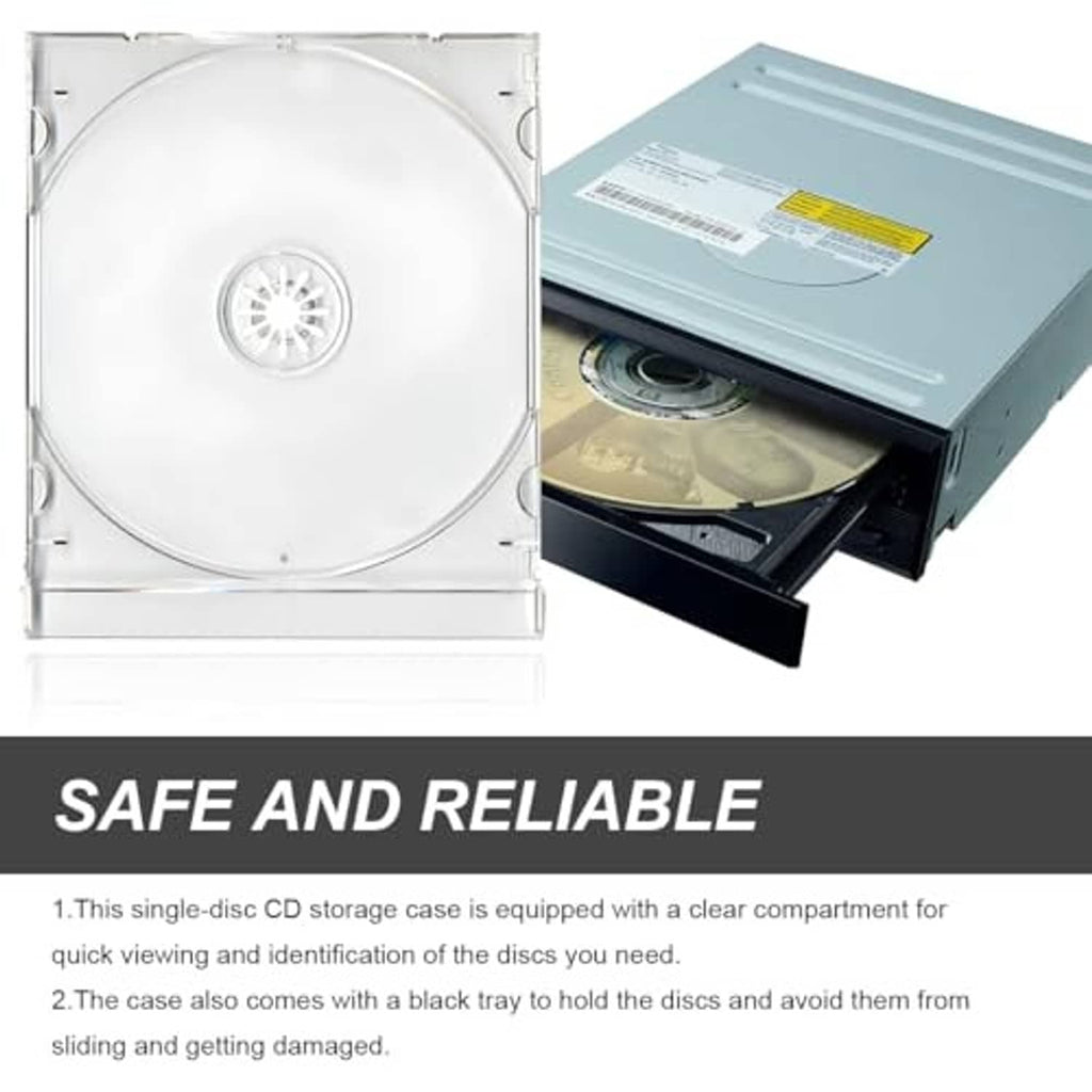 Clear CD jewel case showing disc tray and open compartment, with stacked case set