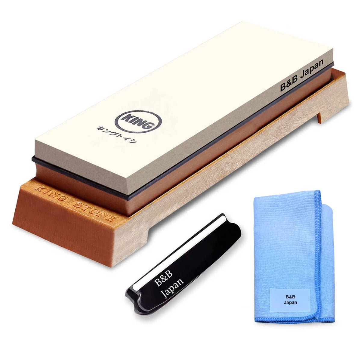 Brown whetstone sharpening starter set with two stones, angle holder, and blue cloth