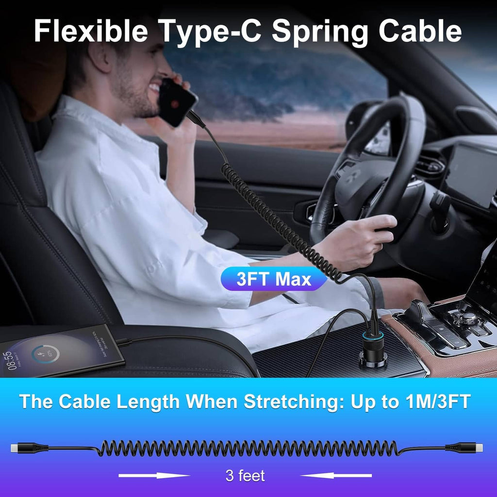 Flexible coiled USB-C to USB-C spring cable, black, about 3 feet, with USB-C ends