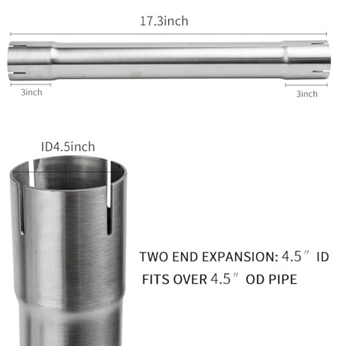 Stainless steel exhaust pipe with expanded sleeve ends and two open slots