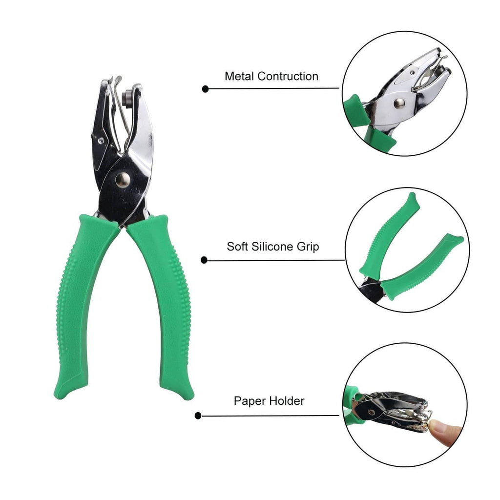 Triangle hole punch pliers with green silicone grip and metal construction