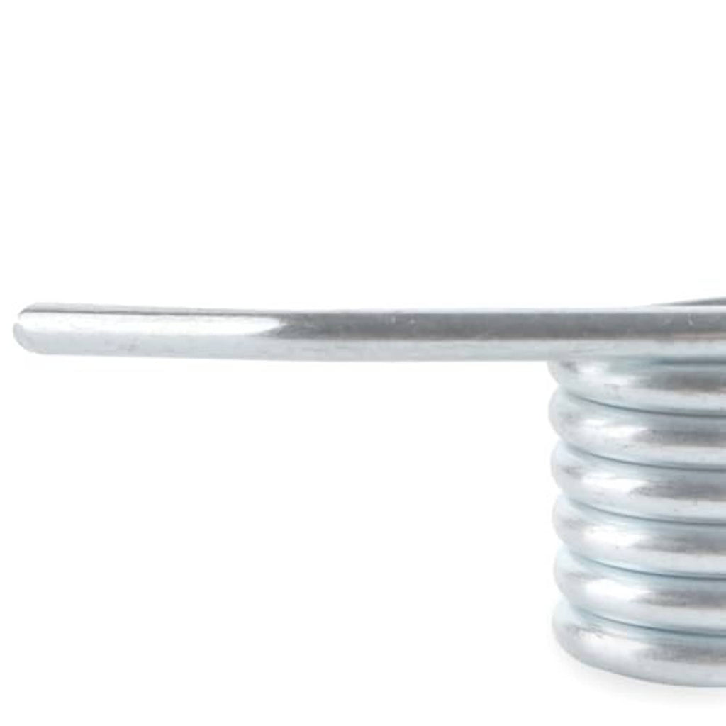Close-up of galvanized coiled return spring and bent steel rod end