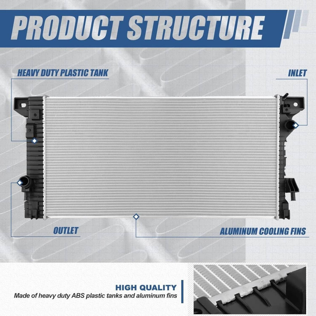 Vehicle radiator front view showing aluminum cooling fins and black inlet and outlet ports
