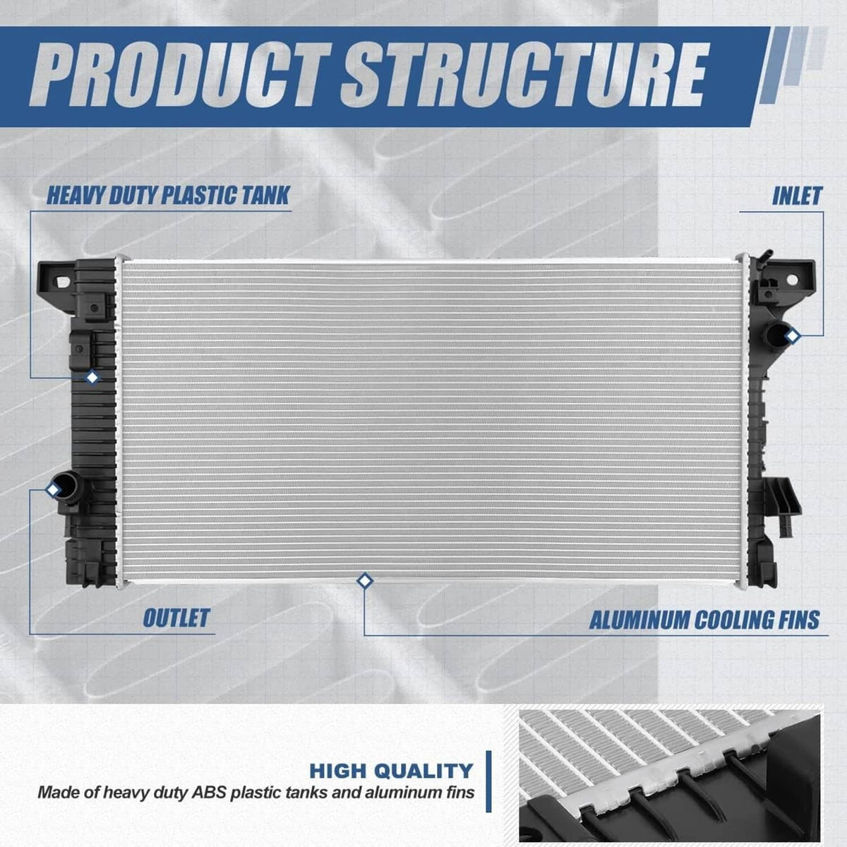 Vehicle radiator front view showing aluminum cooling fins and black inlet and outlet ports