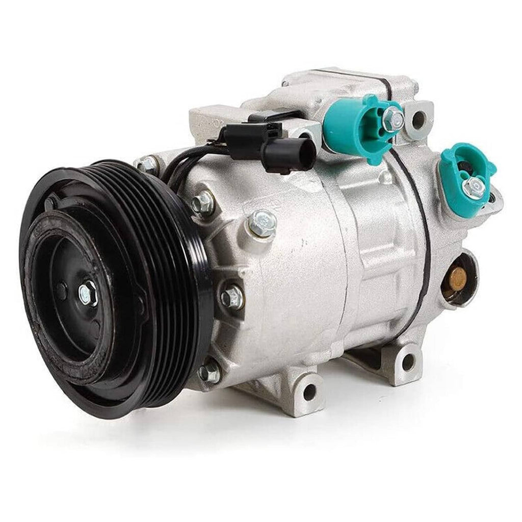 A/C compressor with clutch, silver housing with black pulley and teal electrical connectors