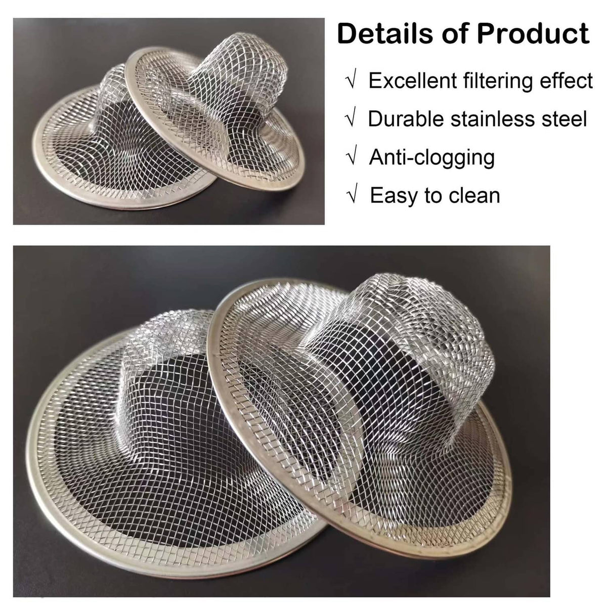 Stainless steel mesh drain strainers with fine grid, round baskets, stackable