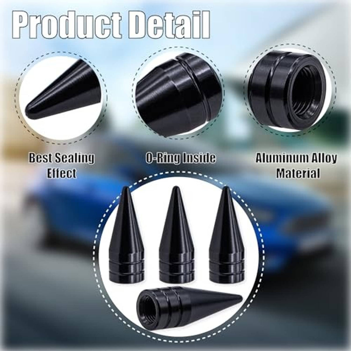 Black spiked valve stem caps with threaded interior, four-piece set
