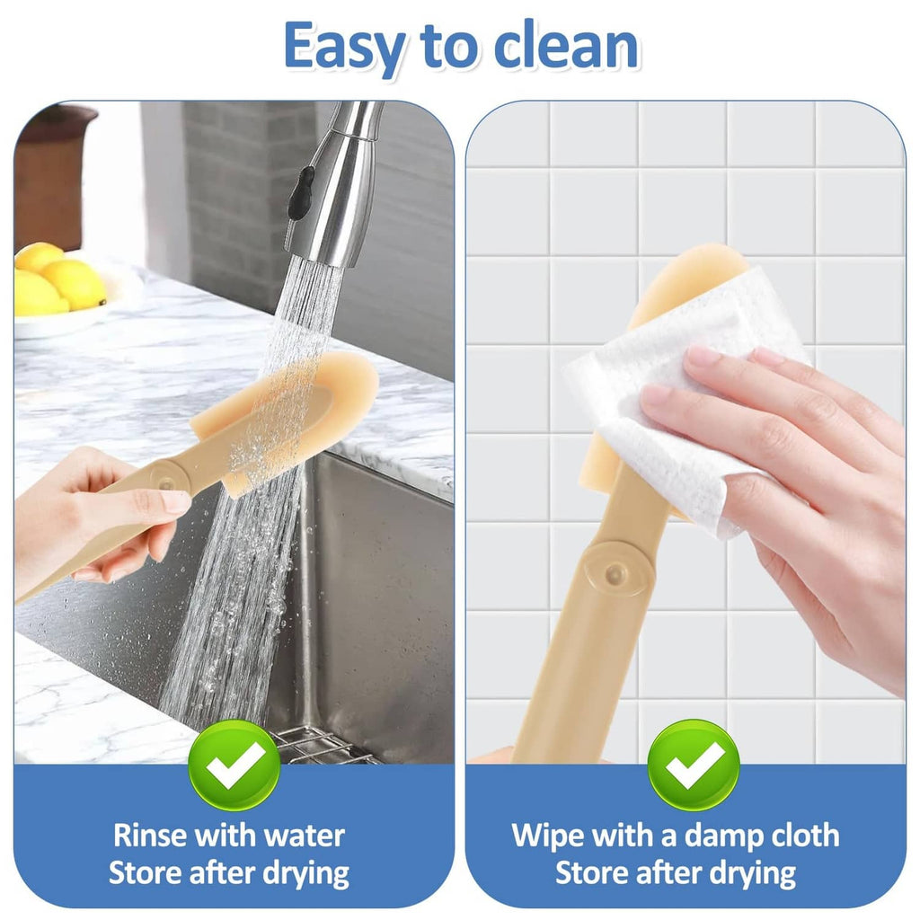 Tan rubber caulking tool being wiped clean with damp cloth