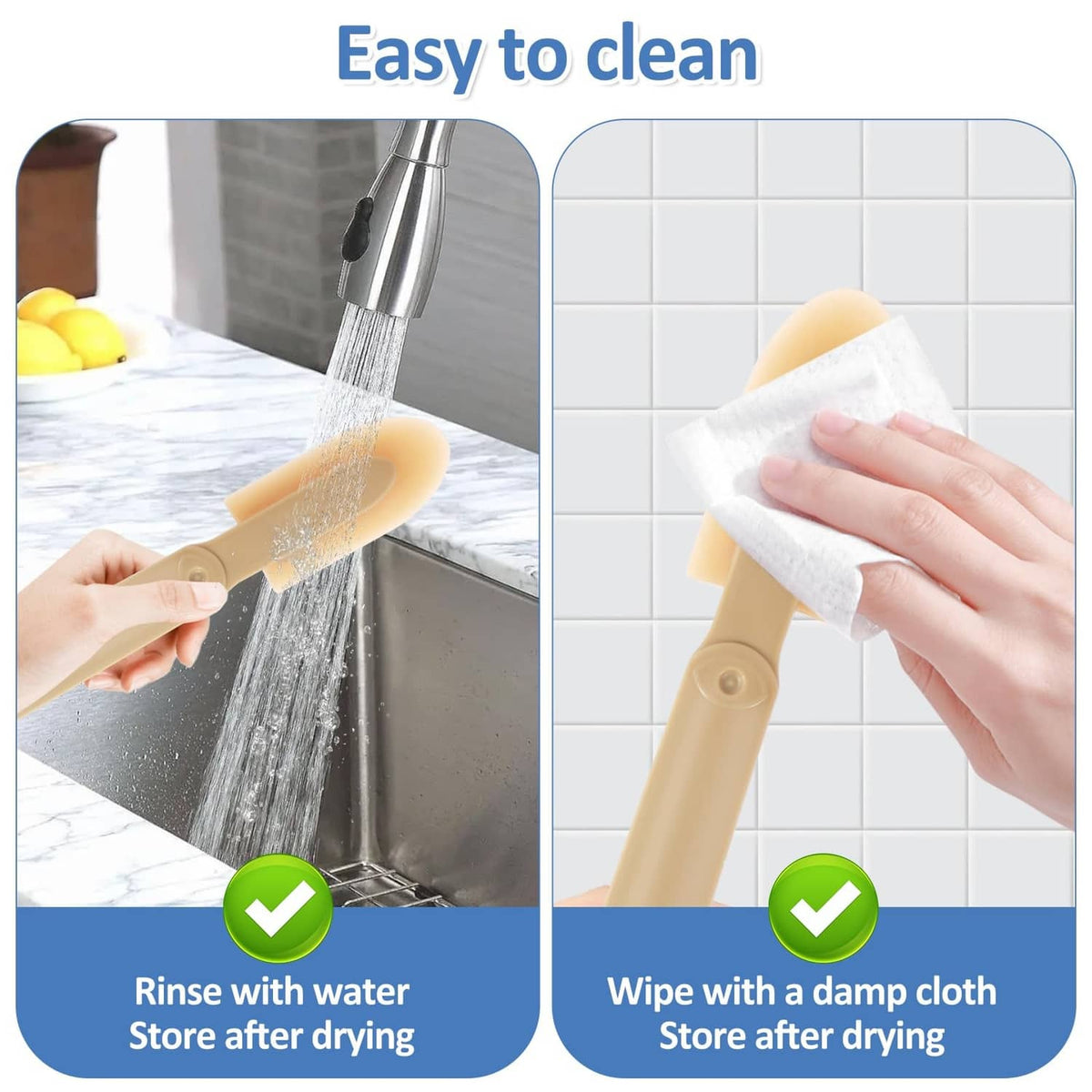 Tan rubber caulking tool being wiped clean with damp cloth