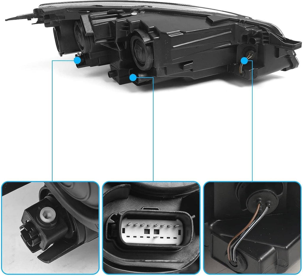 Left headlight housing assembly with connector ports and mounting tabs, rear view