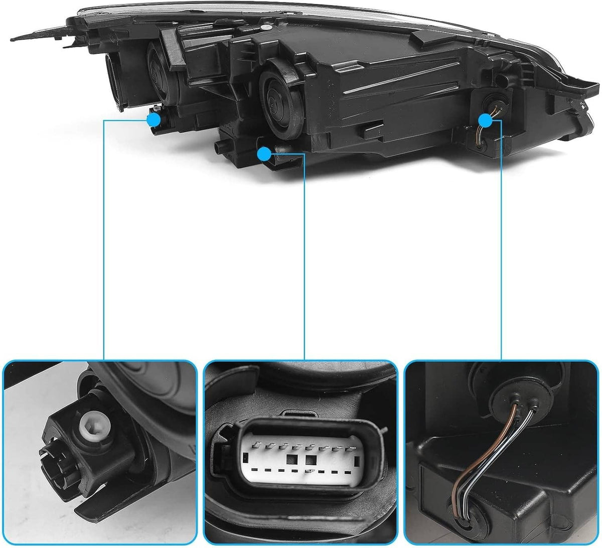 Left headlight housing assembly with connector ports and mounting tabs, rear view