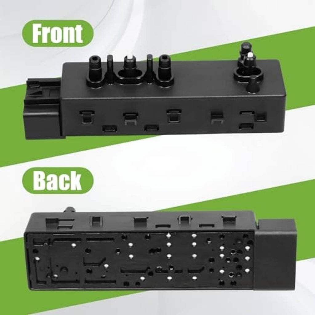 Front and back views of black power seat switch module with pin layouts