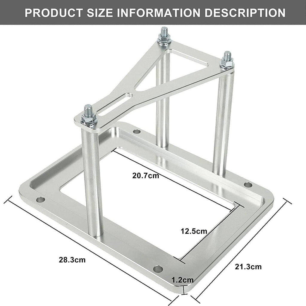 Aluminum battery tray mount with top and base plates, shown with measurements