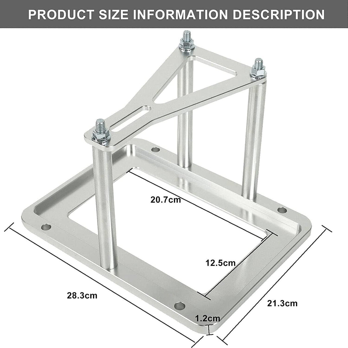 Aluminum battery tray mount with top and base plates, shown with measurements