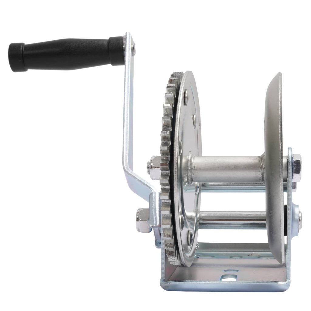 Side view of galvanized hand ratchet winch with wheel drum and support frame