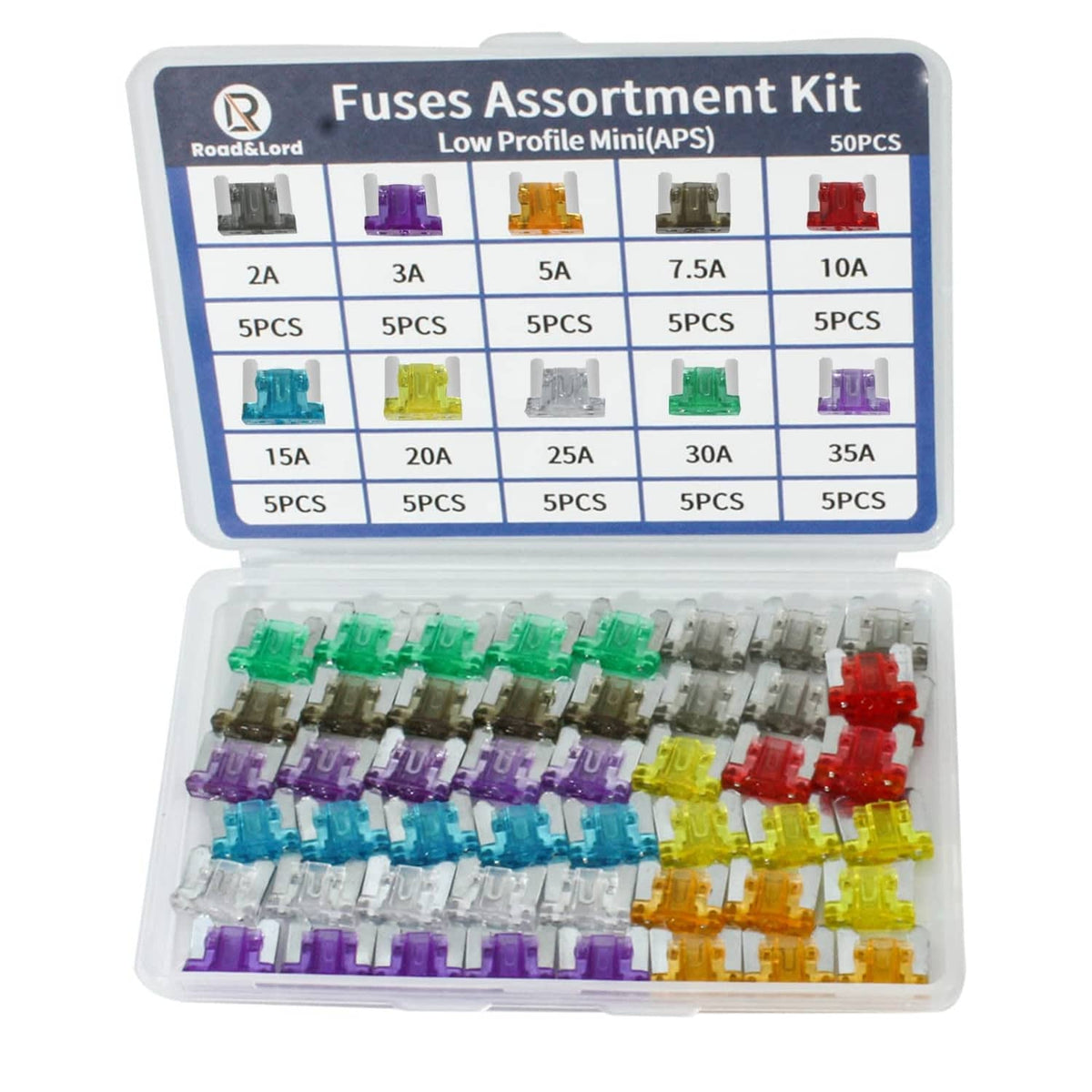 50pcs low-profile mini blade fuse kit with color-coded fuses in plastic organizer