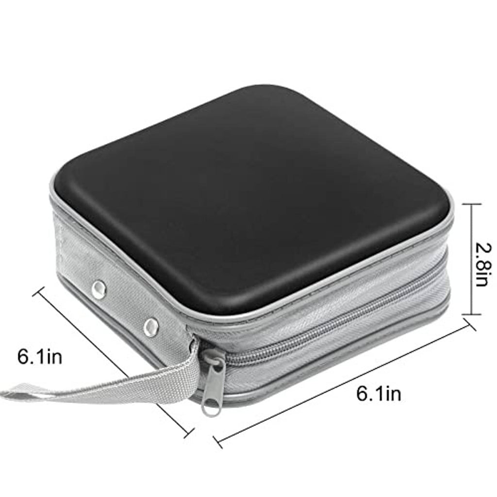 Black hard-shell CD/DVD case with gray fabric strap and zippered closure, compact