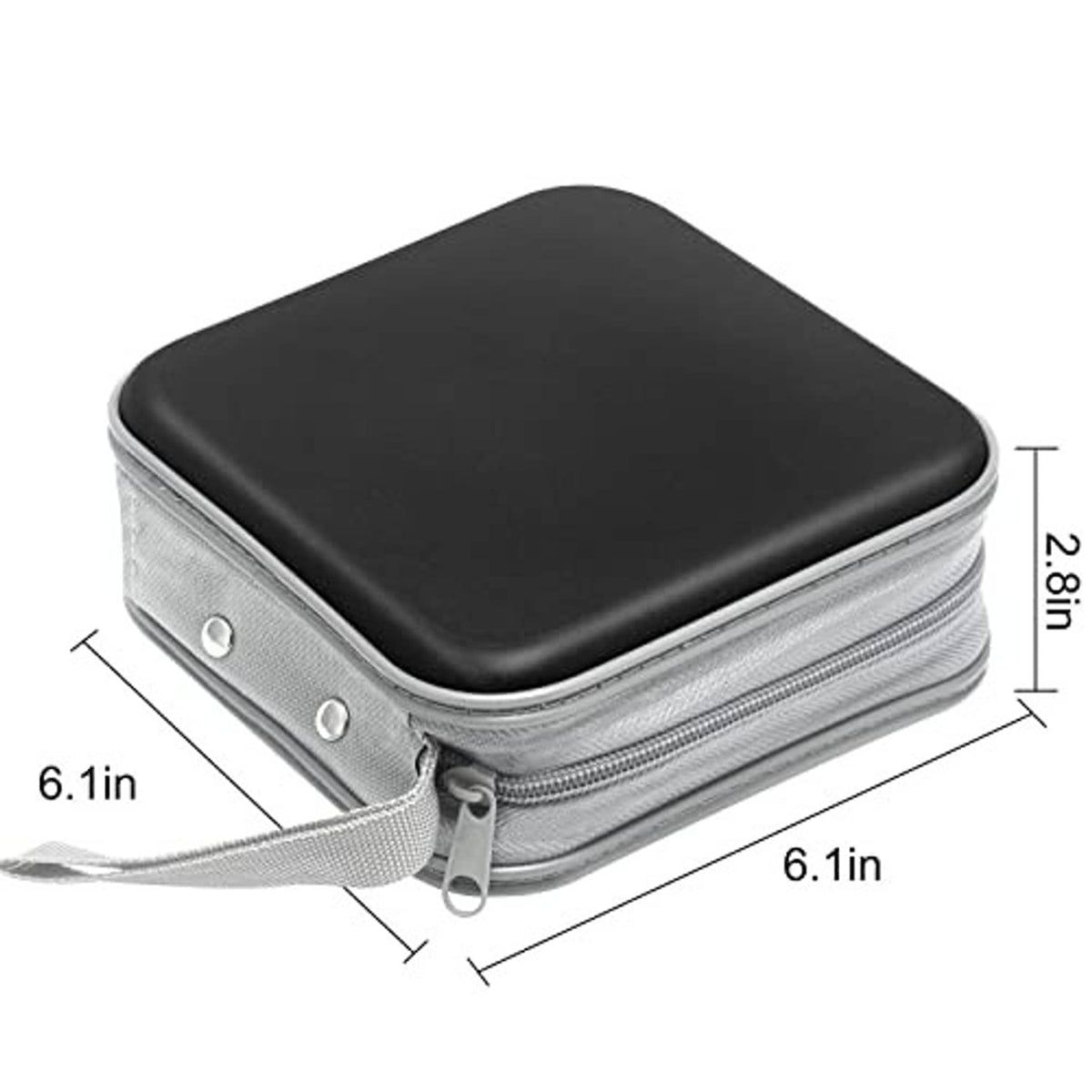 Black hard-shell CD/DVD case with gray fabric strap and zippered closure, compact