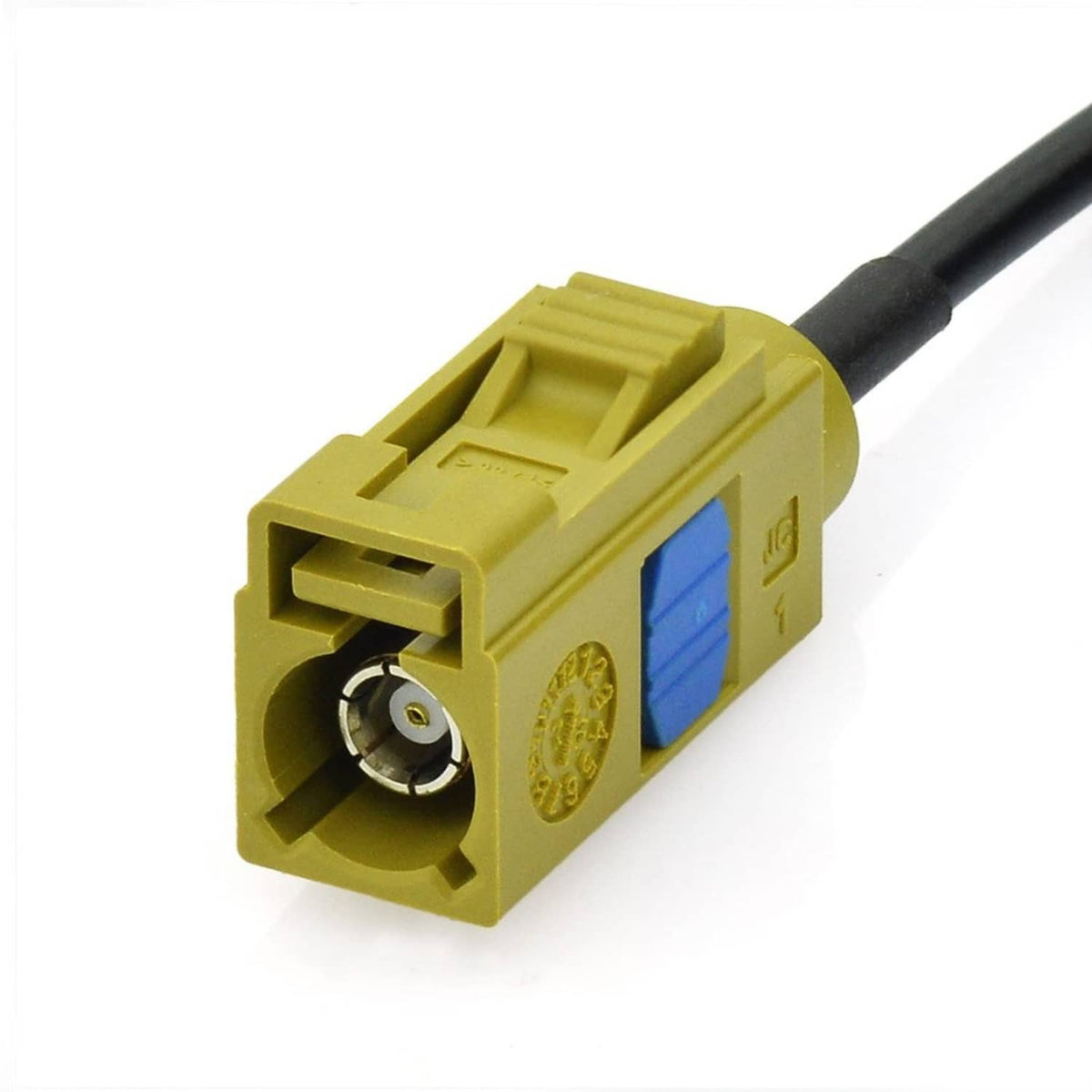 Yellow Fakra coax connector with center pin on black cable