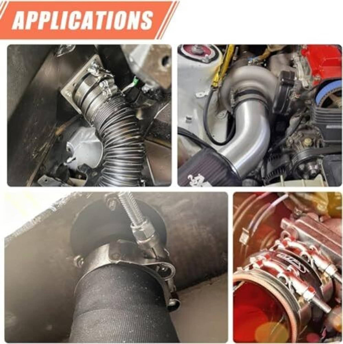 T-bolt hose clamps shown on engine hoses in multiple installation angles