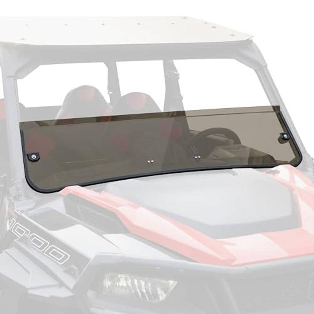 Dark tinted front half windshield panel, wide view with side mounting hardware