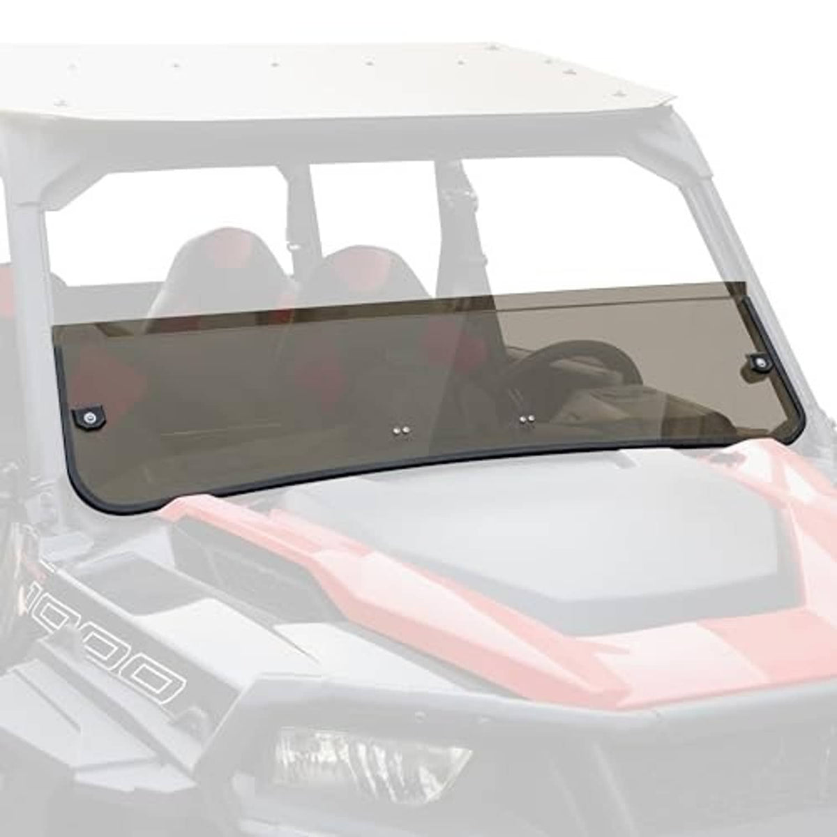 Dark tinted front half windshield panel, wide view with side mounting hardware