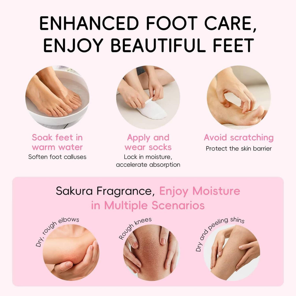 Heel stick foot-care icons showing soak, apply, and avoid scratching steps